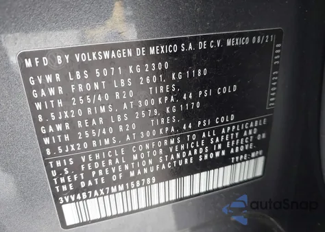 2021 Volkswagen Tiguan 2.0T Sel Premium R-Line from USA, damaged, VIN 3VV4B7AX7MM158789
